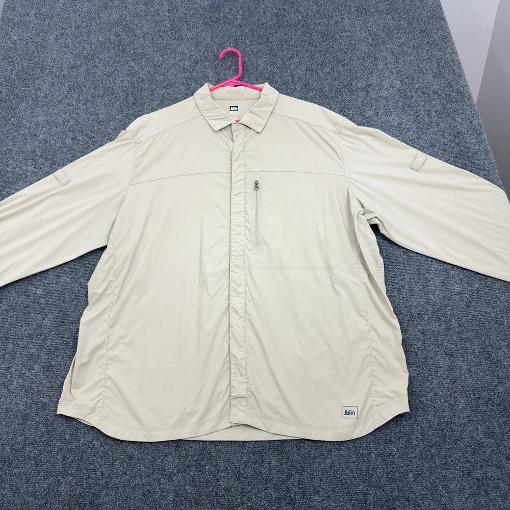 REI Co op Shirt Mens XXL Tan Nylon Spandex Long Sleeve Zip Pocket Hiking Outdoor